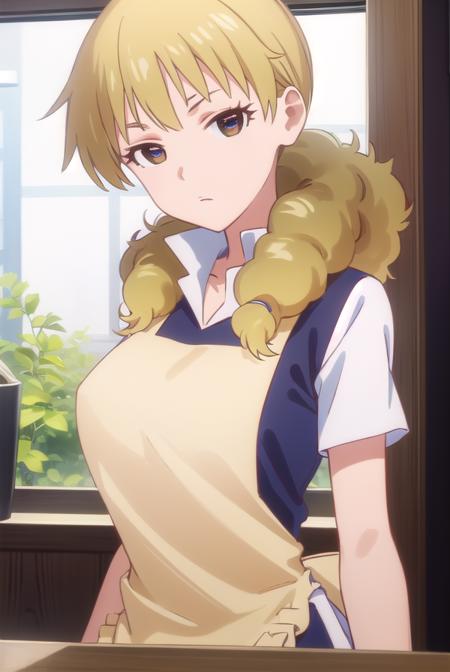 kisaki kondou, long hair, blonde hair, (brown eyes:1.3), apron, waitress,