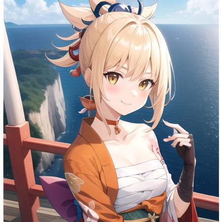 ((masterpiece)),(best quality),official art,extremely detailed CG,unity 8k wallpaper,ultra detailed,A lighthouse on a cliff by the sea,1girl,solo,upper body,(portrait:1.2),looking at viewer,hadanugi_dousa,sarashi,orange_kimono,japanese_clothes,arm_tattoo,blonde_hair,fingerless_gloves,smile,chest_tattoo,bandaged_arm,shimenawa,red_choker,hair_ornament,yellow_eyes,high_ponytail,bandaged_leg,flower_tattoo,bangs,medium_breasts,tabi,single_fingerless_glove,leg_armor,single_thighhigh,<lora:Yoimiya(gen)>,