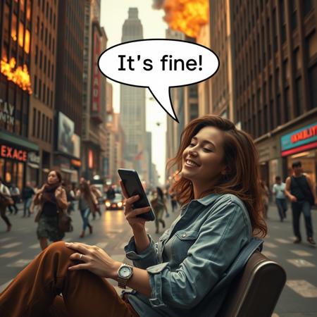 woman sitting in city playing with phone with text bubble above her head saying "It's fine", relaxed, happy, aliens attacking, chaos around her, people running, buildings burning, dynamic angle, warm hues, realistic, photorealism, hd, 8k, high definition, score_9, score_8_up, score_7_up, score_6_up,
