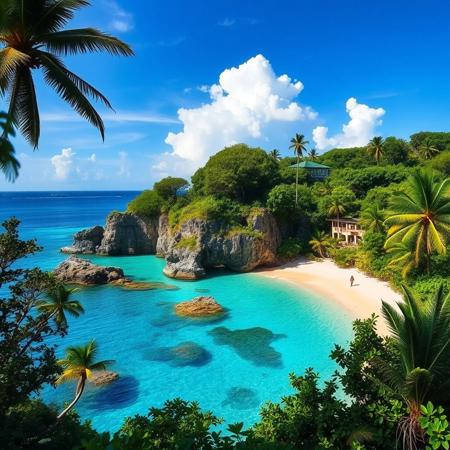 a fantasy beach, blue lush vegetation, adventurous