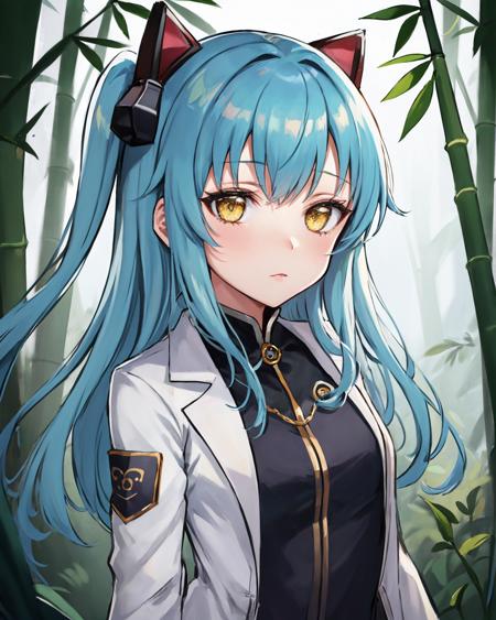 best quality, (masterpiece:1.2), illustration, absurdres,
(1girl, solo), (beautiful detailed girl),
<lora:TioCS3:0.9>,  Tio Plato, yellow eyes, aqua hair, long hair, two side up, small breasts,
fake animal ears,
(lab coat:1.1), black dress,  pleated skirt, black thighhighs, grey boots,
looking at viewer,
in bamboo forest, chinese architecture, stream,,
(ojou-sama pose:1.2), (upper body, portrait),