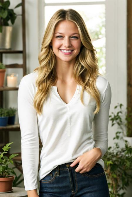 photo of a beautiful young woman, (melissa benoist), happy, casual clothes, a woman with long blonde hair, wearing jeans, attractive beautiful  woman,  realistic, uhd, soft lighting, professional lighting, indoors, extremely detailed background, indoors garden, looking at viewer, lifelike texture, amateur lighting , <lora:testing_mel-11:0.7>