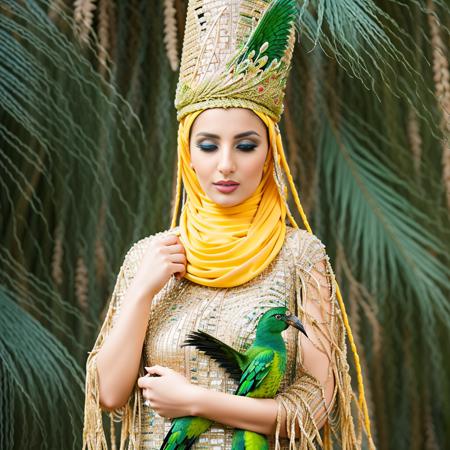 Arabic beautiful  woman in a costume with a long braid and a fur collar and a chain around her neck and a green bird, flowers,garden in the background, Blint Kiss, promotional image, a colorized photo, antipodeans, babylon  style, full shot