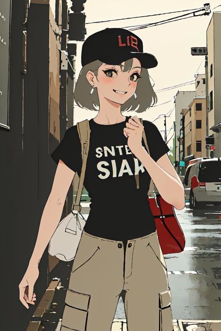 ultra resolution,
(photorealistic:1.3),
(1 slim girl), stylish girl, fashion,
young face, blush, (evil smile),
(slim) thigh,
baseball cap, earrings,
(black T-shirt), (baggy cargo pants),
gravure,
rainy city street