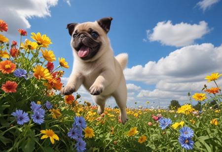 Highly detailed photograph of a pug puppy leaping through the air above a field of colorful flowers. Side view. Floppy ears, floppy tongue, big eyes, very cute, very happy, joyful. Blue sky with fluffy clouds. Bright sun, (god rays).