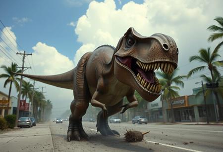 Photograph of a T-rex rampaging through the streets of florida, massacre, realistic, highly detailed