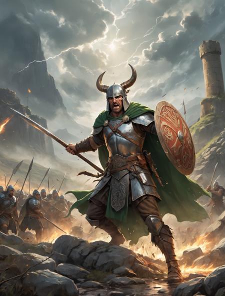 (hyperdetailed graphic novel style:1.3), complex lighting, (atmosphere), coherent, continuity, epic, sharp lines, (flat colors:1.2), from below, wide angle view, long shot, (focus on irish hero in the middle, center of picture, battle, raising flaming spear , celtic banner and shouting, focus sunlight, sunshine only on Mighty Hero, wearing green celtic chainmail breastplate, green cape, eye patch, bear helmet with horns, wounded, bleeding, sweating), massive irish, celtic ambush on roman legionnaires, fort, fortification, skirmish, war, wounded soldiers, burning houses, shooting, firing catapults, balistas, flying bale hay, cavalry riding in, shieldwalls, throwing spears, archers shooting volleys of arrows, clash of armys, fog, clouds, rain, storm, thunder, thunderstrikes, broken roman banners in background, set in ancient britain highlands