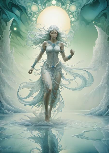 (Stained Glass:0.5), xlmrblng15-1300 beautiful glowing female barbarian running in a magnificent white-tinted lake in a deep misty valley, very detailed, intricate, (misty:1.1)