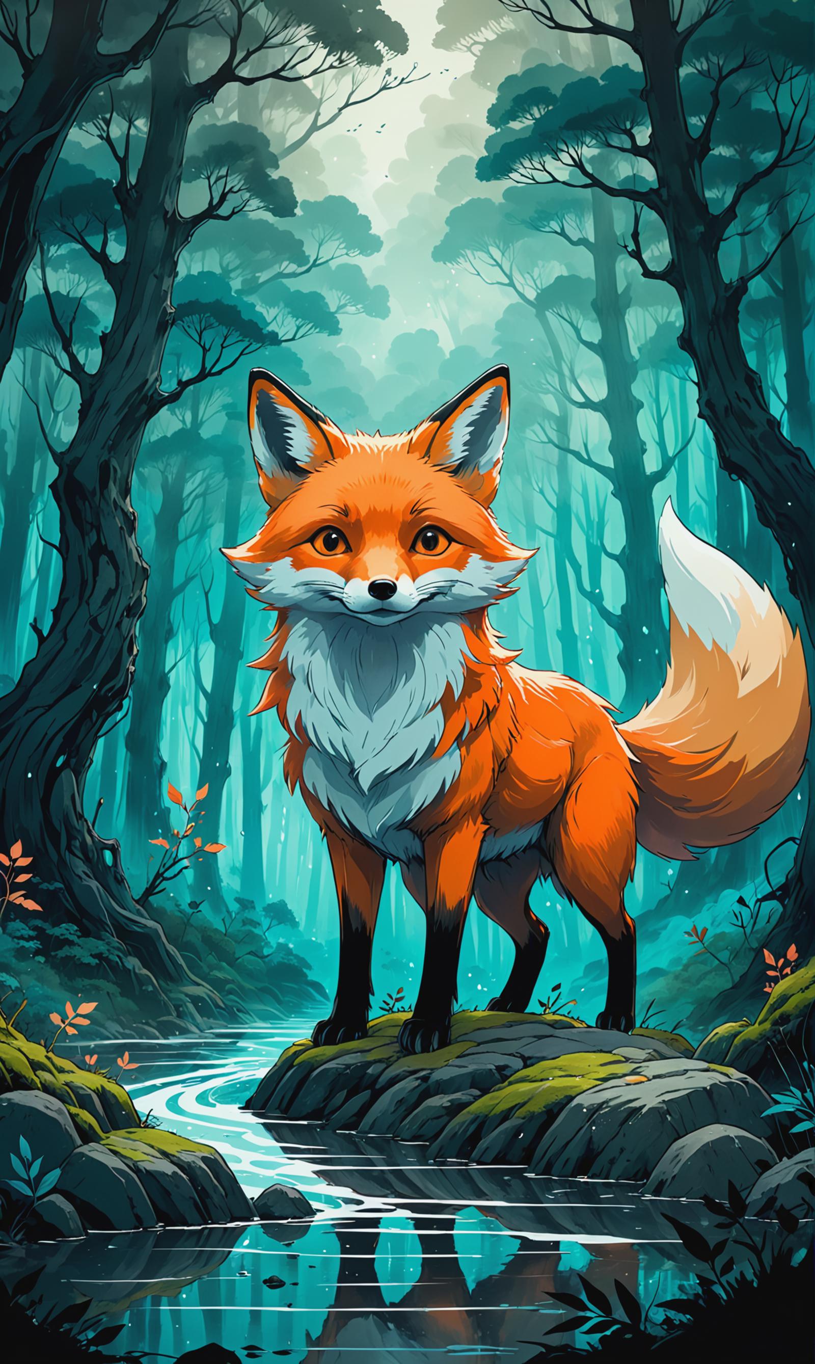A cartoon fox standing in a forest with a blue background.