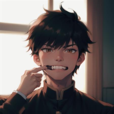 1boy, backlighting, black hair, brown eyes, clenched teeth, gakuran, looking at viewer, male focus, mouth pull, portrait, sarayashiki junior high school uniform, school uniform, solo, teeth, pinky finger inside mouth, one hand pulling mouth, <lora:mouth_pull:1>  <lora:mouth_pull-10:0.2> <lora:mouth_pull_v2:0.2>