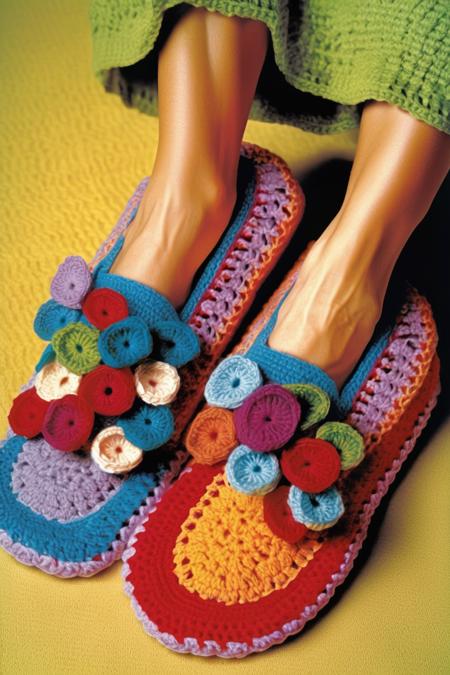 <lora:CROCHETED:1>CROCHETED - a magazine photo of a crochet pair of slippers made of yarn being worn in Hawaii