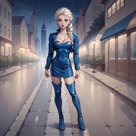 hud_blu_lthr, strapless blue leather short dress, blue leather cropped jacket, cleavage, breasts, thigh boots