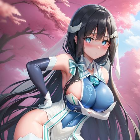 <lora:Tougou_mimori-10:1>,Tougou_mimori,(beautiful eyes),(nice face,cool face,masterpiece,confident face,best quality,Beautiful face, elaborate face),1girl, solo, long hair, breasts, blush, large breasts, bow ,blue eyes,black hair,hair ornament, gloves, very long, detached sleeves, bodysuit, blue gloves