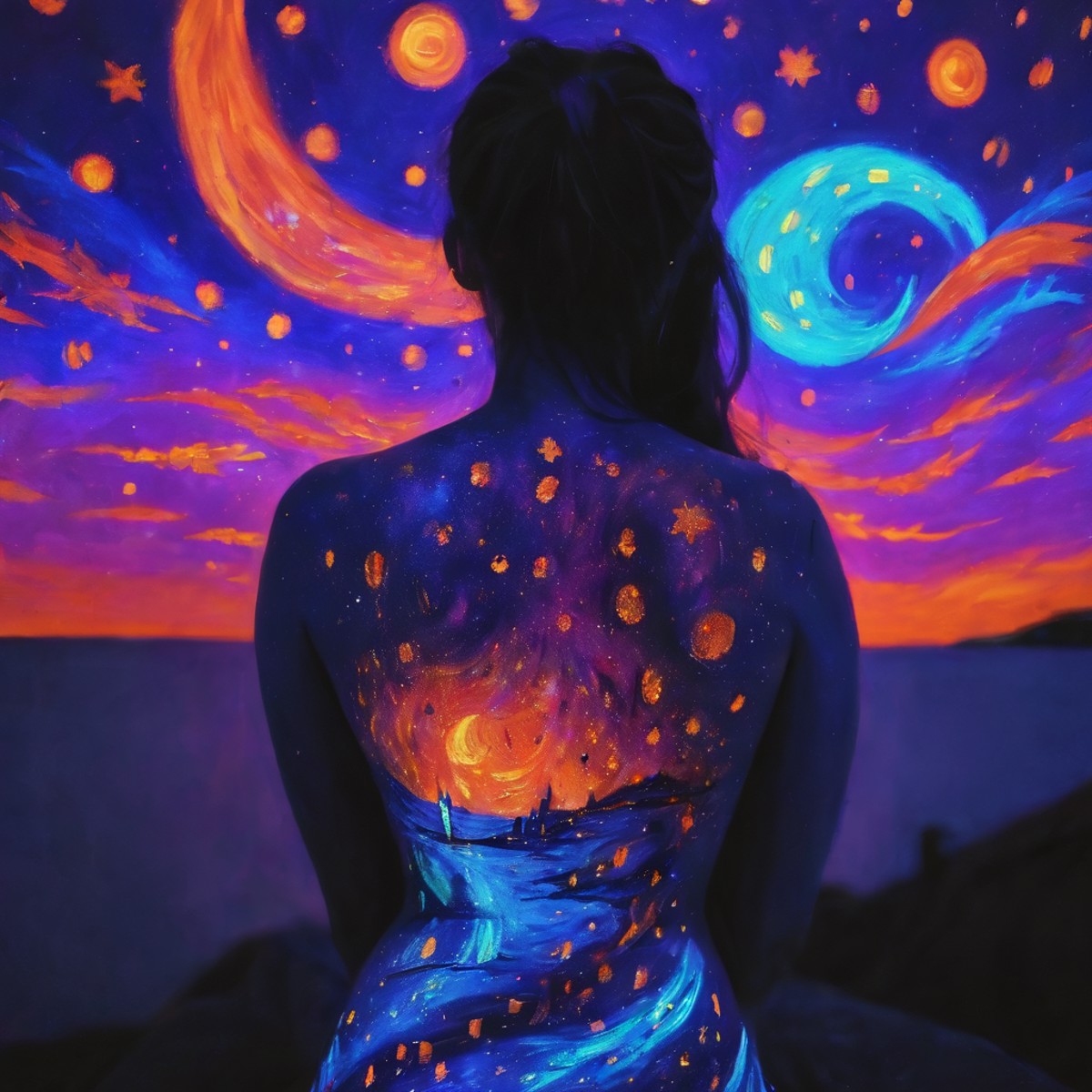 blacklight painted on the back of a girl depicting starry night