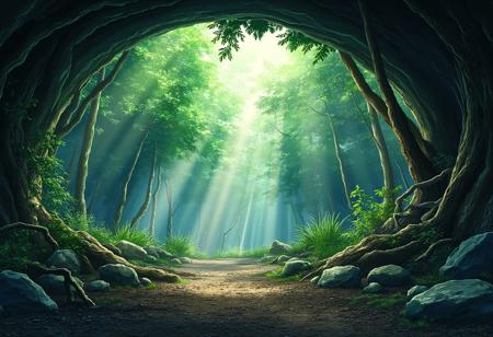 anime, kanime, Shinkai Makoto style,
masterpiece, best quality, high quality, intricate, absurdres, very aesthetic, 
no humans, landscape, outdoors, 
landscape, underground, cave, underground jungle, forest, jungle, stalactites, stalagmites, earth, rocks, underground trees, nature, falling leaves, dirt, earth magic, nature magic, lush nature, green, sparking leaves, light rays, cave skylight, cave interior,
ultra wide angle shot, cinematic style, highly detailed, extremely detailed, sharp detail, majestic, shallow depth of field, movie still, soft light, circular polarizer, colorful, wallpaper, professional illustration