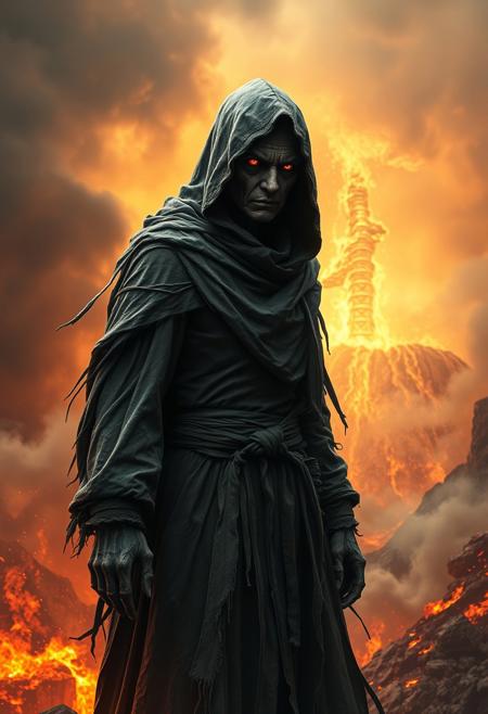 A wizened, ashen sorceress cloaked in ragged, soot-stained robes, standing defiantly against a fiery, apocalyptic backdrop. Her hood conceals a face etched with age and fury, eyes glowing faintly like embers. In full combat mode, her form appears more skeletal and smoke-wreathed, as if her body is held together by sheer will and dark magic. Her robes flutter like burnt paper in the heat, and her aura radiates ancient wrath. The sky behind her churns with volcanic ash and flame, casting her in stark silhouette. Cinematic fantasy concept art, ultra-detailed, with dramatic lighting and a sense of unstoppable arcane force.