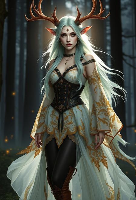 Hyper-realistic fantasy woman with deer-like features. Long, flowing pale mint-green hair cascading past waist. Large, expressive golden eyes with vertical pupils. Soft, pale skin with a subtle ethereal glow. Prominent deer antlers growing from head, intricate and brown with moss and small leaves. Pointed ears visible through hair.
Wearing an elaborate, flowing dress: white base with golden overlay featuring intricate nature-inspired patterns. Multiple layers of diaphanous fabric creating a ethereal effect. Wide, draping sleeves. Dark brown leather corset cinching the waist, adorned with golden buckles and leaf motifs.
Dark leggings visible beneath the dress. Brown leather boots with golden accents, laced up to mid-calf.
Delicate golden jewelry: thin circlet around forehead, intricate earrings, and multiple rings on fingers.
Serene, slightly melancholic expression. Soft lighting from behind, creating a halo effect around her silhouette.
Background: Misty forest at twilight, tall dark trees with glowing fireflies.
Pose: Standing three-quarter view, one hand gently raised as if beckoning.
Style: Photorealistic digital painting with meticulous attention to texture and lighting, emphasizing the fantastical elements within a realistic framework.