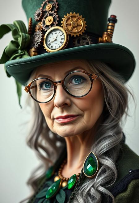 Steampunk portrait. Layout: Close-up shot. Subject: A mature woman with fair skin and long, wavy grey hair, wearing a green top hat adorned with intricate brass gears, a clock, and green fabric. The person has striking blue eyes and wears unique, ornate glasses with a leaf-like design. The attire includes green and black clothing with large, green gemstone accessories. The background is a soft, light gradient, keeping the focus on the subject's detailed and expressive facial features.