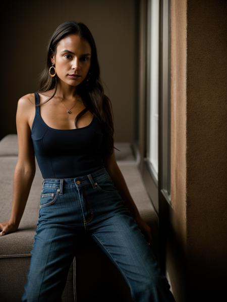 Realistic photo of a beautiful j0rd4n4b woman, 1girl, solo, long hair, breasts, brown hair, black hair, brown eyes, jewelry, earrings, pants, bracelet, sandals, denim, jeans, toeless footwear, soft lighting, professional Photography, Photorealistic, detailed, RAW, analog, sharp focus, 8k, HD, DSLR, high quality, Fujifilm XT3, film grain, award winning, masterpiece<lora:j0rd4n4b:1.0>