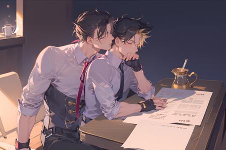 multiple boys, 2boys, blonde hair, black hair, male focus, gloves, yaoi, cup, formal, fingerless gloves, suit, kissing cheek, closed eyes, paper, kiss, coffee mug, jonathan joestar, necktie, ribbon, dio brando 
///////////    <lora:reiko-000298:1>