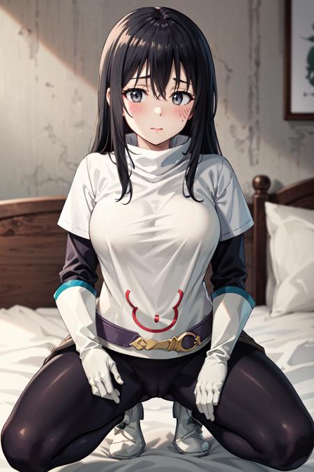 masterpiece,best quality,highres,ultra-detailed,aashizue,grey eyes,(facial mark:0.8),long hair,armor,bodysuit,shirt,white shirt,gloves,belt,skirt,pants,pantyhose,black pantyhose,boots,<lora:izawa_shizue:0.8>,indoors,bed,sitting,blush,embarrass,squatting,spread legs,open_stance,