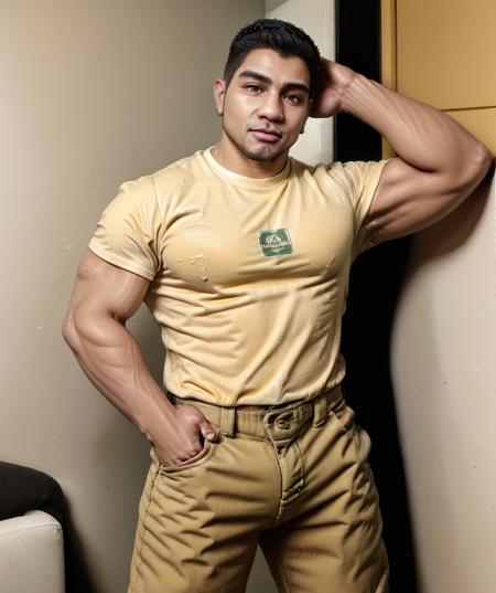 dominic_santiago, 1man, male focus, (yellow t-shirt, black jeans), muscular, (mexican descent, latino, tanned) <lora:Dom_Santiago-14:0.85>