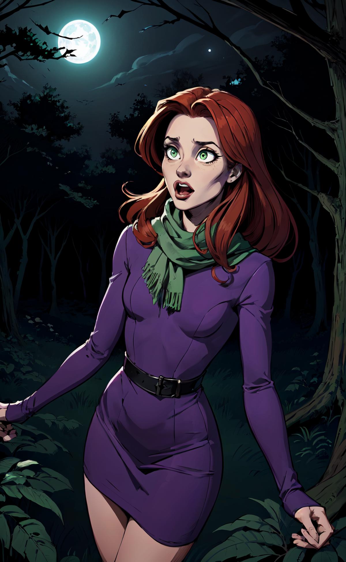 A female character in a purple dress and green scarf standing in a forest.
