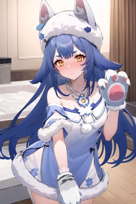 fenlier3,<lora:fenlier3_adam8_3e-000010:0.9>,1girl,solo,blue hair,long hair,orange eyes,fur hat,animal ears,short eyebrows,necklace,fur-trimmed dress,looking at viewer,paw gloves,straight-on,bent_over,nose blush,indoor,