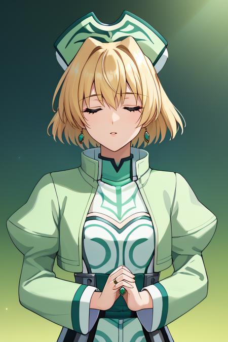 shamal, short hair, blonde hair, purple eyes, earings  jewlery, ring, gem, green nursing cap, armored dress, armor, light green jacket, white dress, long sleeves, layered dress