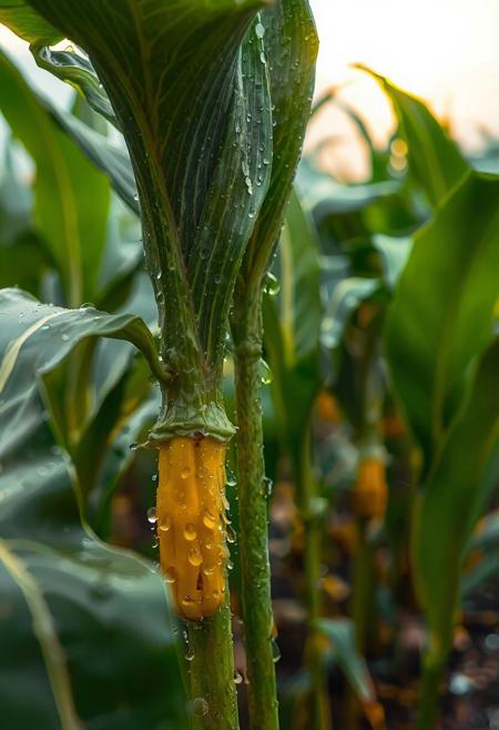 a bunch of milpa plants, with water droplets on them, milpa dripping, a Gaint milpa planting system of corn, squash, beans, wearing a milpa planting system, milpa dripping juice, milpa, milpa wall, “milpa, rainy background, raindrops, wild milpa plants, beautiful art uhd 4 k, clear liquid and snow, nature wallpaper, gems and diamond for milpa plants, rain drops, 32k, rain drops, sun shining behind the glowing clouds,