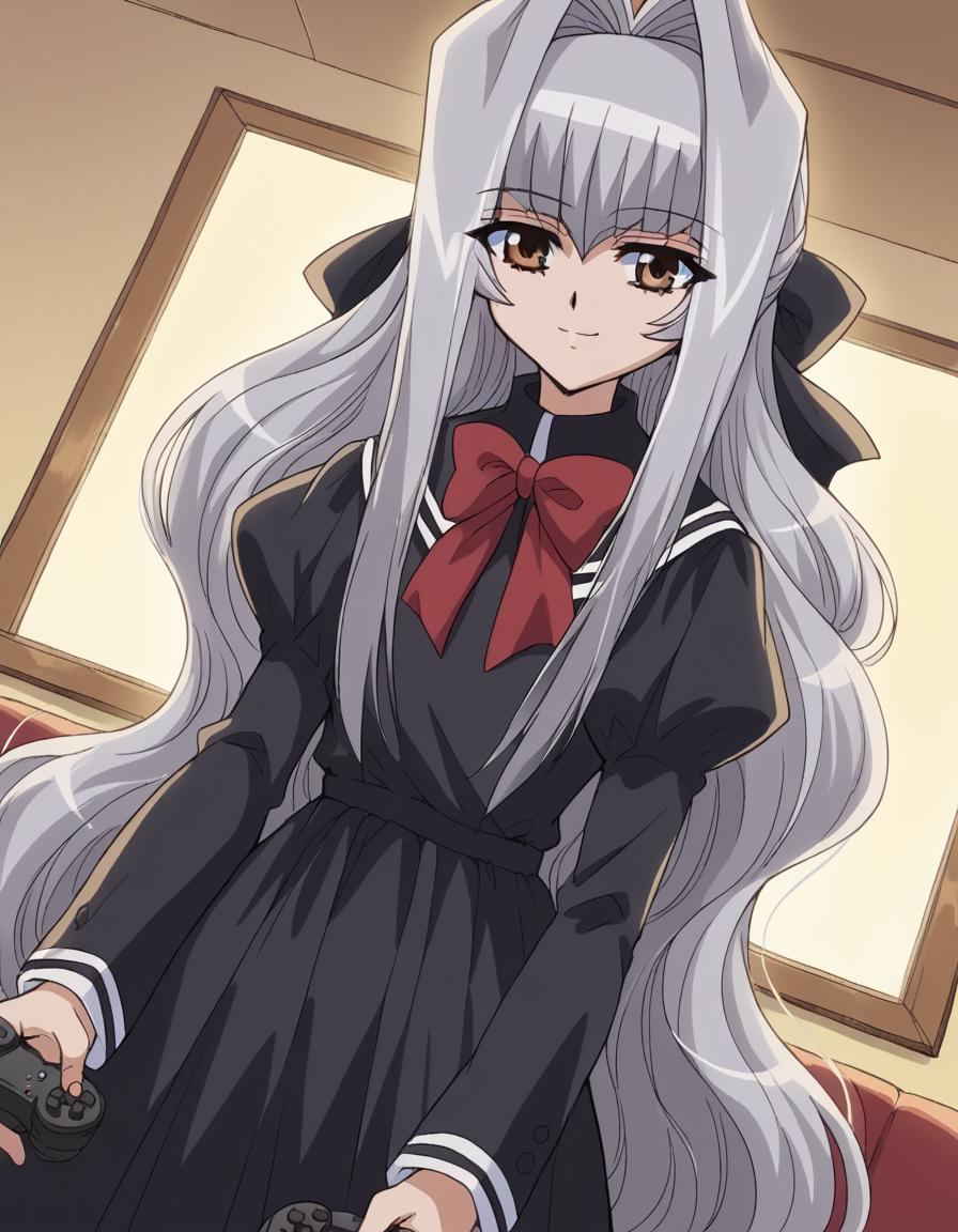 score_9, score_8_up, score_7_up, source_anime, <lora:anju-maaka-s1-ponyxl-lora-nochekaiser:1>, anju maaka, long hair, bow, ribbon, brown eyes, very long hair, hair bow, grey hair, sidelocks, hair intakes, black hair bow,, long sleeves, dress, bow, ribbon, school uniform, bowtie, black dress, red bow, red bowtie, living room, video game, controller, competitive, fun, afternoon, smile, <lora:seductive-smile-ponyxl-lora-nochekaiser:1>, seductive smile, come hither, naughty face,, looking at viewer, solo,, dutch angle, cowboy shot