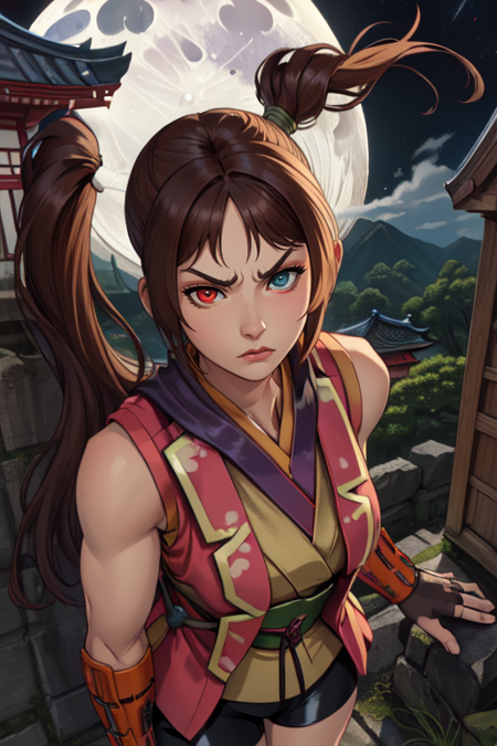 Akane, long brown hair,heterochromia,mean face,  
looking at viewer,   
fingerless gloves, bike shorts, vest, sleeveless, 
 upper body,  leaning on wall, 
from above, standing, Japanese building,nighttime,moon,Sengoku period, wall, 
(insanely detailed, beautiful detailed face, masterpiece, best quality) 
 <lora:AkaneYagyu-10v4:0.7>