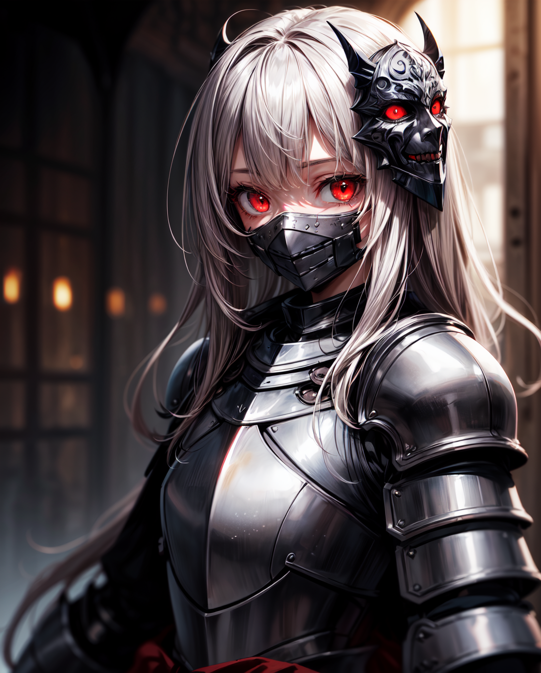 ((masterpiece)), ((best quality)), 1girl, face, (creepy_smile:), red eyes, glowing eyes, gray hair, closed mouth, knight a...