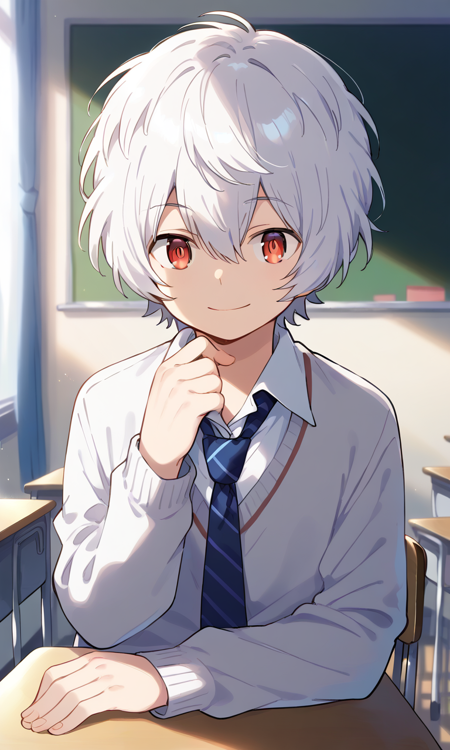 yuma kuga,white hair,red eyes,hair between eyes,bangs,