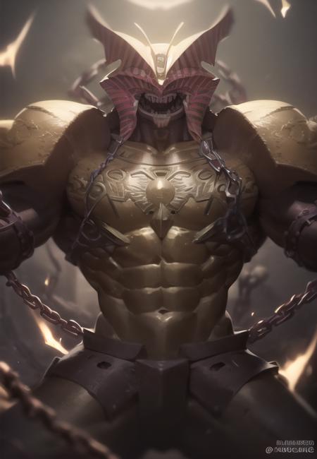 exodia_the_forbidden_one solo, chain, male_focus, 1boy, broken_chain, shoulder_armor, shoulder_plates, broken, ankh, clenched_teeth, glowing_eyes, abs, embers, egyptian, muscular_male, cuffs, chained_wrists, colored_skin, evil_grin