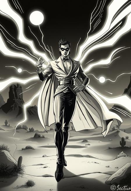 A stylized comic book hero, but surrounded by pulsing, abstract shapes and glowing motion trails., fashion surrealism, sculptural lighting, vintage black-and-white elegance, expressive cartoon forms, dreamlike desert backdrops, theatrical posing, absurdist humor, Art Deco influence, shifting landscapes, playful visual rhythm, high-fashion meets comic strip, classical drapery, quirky character design, neoclassical composition, surreal narrative, stylized environments, anthropomorphic charm, visual wit, retro avant-garde