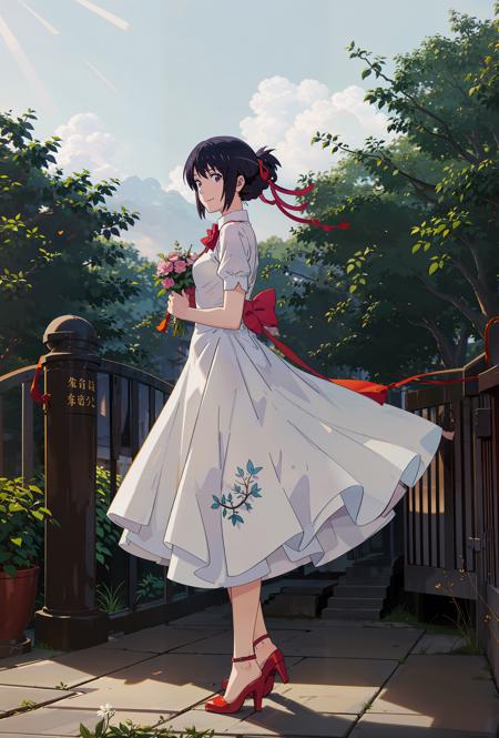 <lora:miyamizu_mitsuha:0.75>,miyamizu_mitsuha,1 girl,solo,(full body:0.9),(smile),looking at viewer,wedding dress,outdoors,(light rays:1.2),(sun:1.2),(blue sky:1.1), park,flowers,lawn,trees,from side