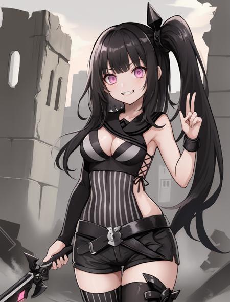 <lora:ArchitectNormal>,1girl,pink eyes,side ponytail,long hair,black hair,architectnormal,belts,evil smile,sangvis ferri,vertical stripes,thighhighs,shorts,ruins,battlefield,long hair,hair ornament