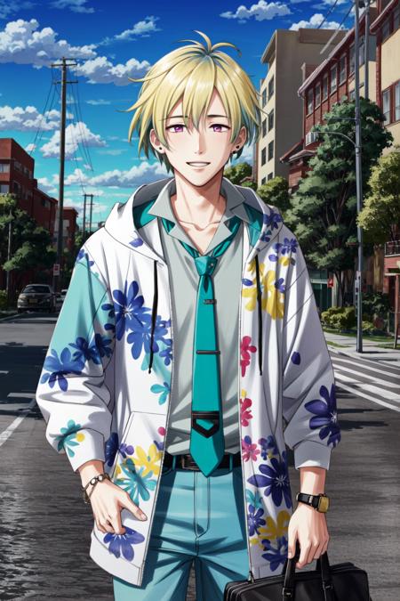 hanazono momohito\(side-m\), solo, momohito hoodie, blonde hair, looking at viewer, purple eyes, smile, shirt, long sleeves, blue pants, 1boy, hair between eyes, bracelet, hoodie jacket, gray shirt, aqua necktie, tie clip, sky, day, cloud, tree, blue sky, grass, school, watch