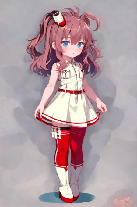 flatflower, chibi, sleeveless shirt, white background, whitesara,white dress,(red thighhighs:1.05), breast pocket,, standing, dual persona, full body, boots, signature, symmetry, looking at viewe, <lora:flatflower:1> > <lora:saratoga-000008:1>