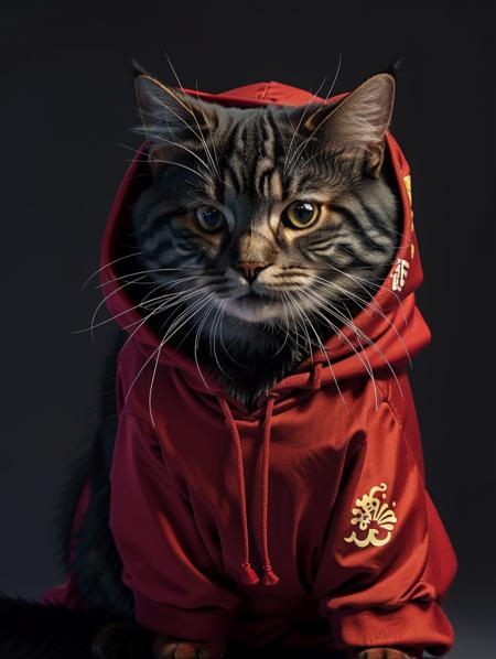 AP,no humans,animal focus,cat,sunglasses,(chinese cat:1.2),(red clothes:1.2),hood,hoodie,simple background,animal,black background,realistic,looking at viewer,hong kong style trend,