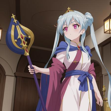 pina_sformkran_estor, royal robe, royal, large hall, holding scepter,   twintails, purple eyes,  <lora:pina_sformkran_estor_v1:0.8>, masterpiece, best quality