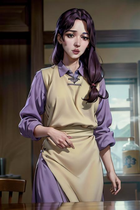 (masterpiece:1.4),(best quality:1.4),(absurdres:1.4),pin-up,okasan_Garo_aiwaifu,brown eyes,shirt ,purple hair ,apron,low-tied long hair ,collared shirt ,dress ,lips ,hair over shoulder,(absurdres, highres, incredibly_absurdres:1.4),scenery,masterpiece,