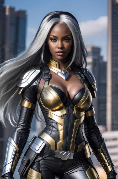 X-Men Storm, (black female), (African), dark skin) (silver long hair)), UHD, super detailed, sexy physique, arms at waist height, wide hips, large breasts, perfect body, sexy stance,((dressed in black) and gold body armor)) cyberpunk,SteelHeartQuiron character,elina,lun4,photo r3al <lora:cyborg_style_xl:1>