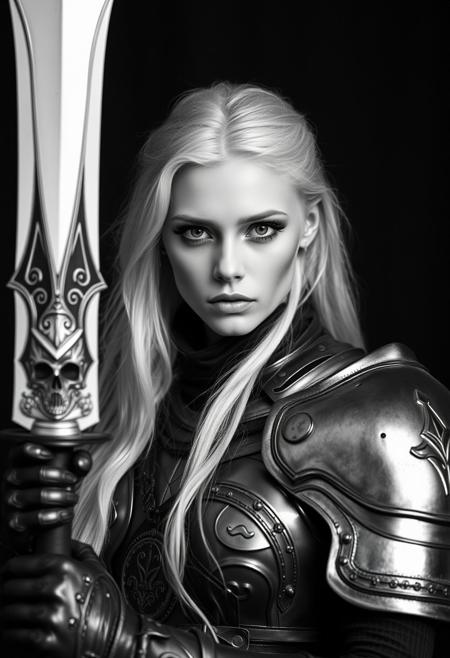 Beautiful albino girl, sexy armour, long hair, studio photography style, top hard light, black and white vintage photography, gothic, mysterious, dark environment, grunge, abstract cinematic scene, at day