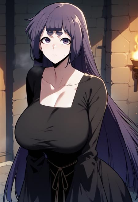 long hair, purple hair, purple eyes, blunt bangs, hime cut, thick eyebrows black dress, collarbone, long sleeves brown jacket, white shirt, collared shirt, belt, high-waist pants, black pants, glove