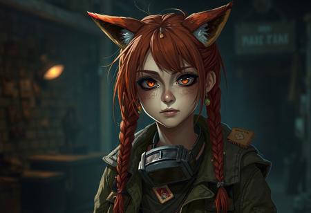 Create an image of a character named Foxy, a young woman with a rugged and resilient appearance, reflecting her life in a post-apocalyptic world. She has red hair styled in braids, with a few colorful beads woven in. Her face shows signs of wear and determination, with a notable absence of pupils in her eyes, giving her a unique and somewhat eerie look. She wears practical, worn-out clothing suitable for survival, including a jacket and goggles around her neck. The background should depict a dimly lit, post-apocalyptic environment, emphasizing the harsh and unpredictable nature of her surroundings. Foxy is often seen talking to her pet rat, Bunny, which only she can see, adding a touch of mystery to her character. The lighting should be dramatic, highlighting her unique features and the stark reality of her world.