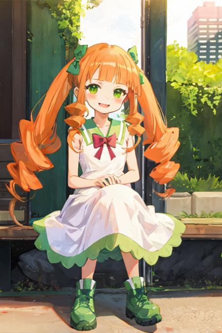 pomponette, green eyes, long hair, hair bow, twintail, hair drill, orange hair, white dress, bow, smile, sitting, city  <lora:pomponette-v3:0.9>