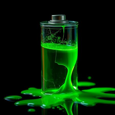 closeup shot of battery fully made of glass with green liquid energy inside it, the battery is cracked and green neon liquid leak on to black background, splat of neon goo under broken battery.
hyper realistic, surreal style, ultra high quality, vivid, neon glow