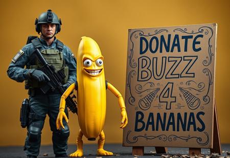 A highly detailed, full-figure real-life Marine Corps perfect soldier, standing still in a strong, disciplined stance. The soldier is fully equipped with modern, advanced weaponry and tactical gear, ready for action, displaying intense focus. In front of them stands a 2-meter-tall anthropomorphic yellow banana with human-like limbs, expressive eyes, and a mischievous grin, creating a surreal juxtaposition. Next to the banana is a cool, intricately detailed cardboard sign with complex designs that reads, ‘Donate Buzz 4 Bananas,’ featuring creative typography and artistic elements. The scene is rich in texture and contrast, blending the serious military theme with absurd humor.